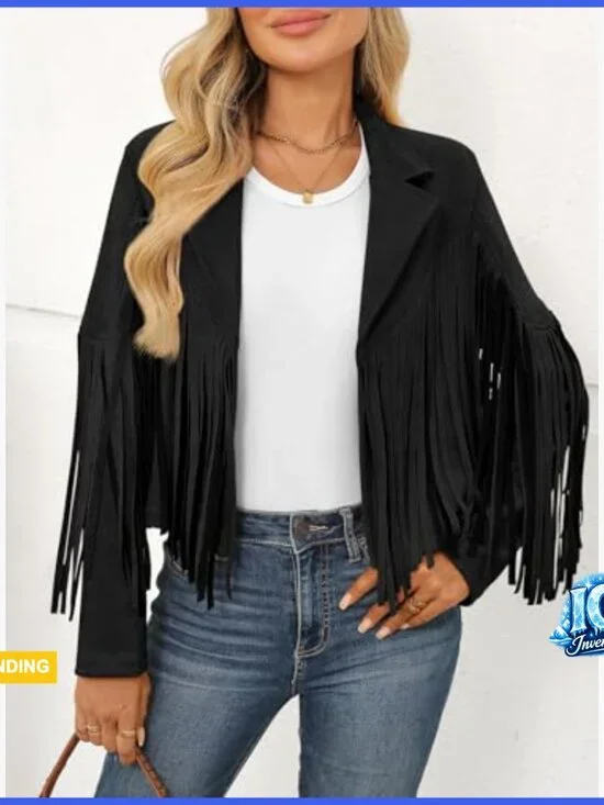 Cropped Faux Suede Leather Fringe Jacket Western Biker Moto Style - Picture 2 of 6